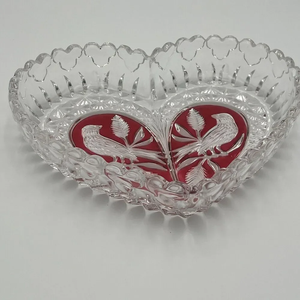 Rare Vintage Hofbauer Ruby‎ Crystal Heart Bird Dish